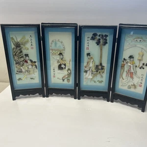 "Pantalla plegable china vintage 4 paneles vidrio decoración asiática 13,5"" X 24"" rara" - Imagen 1 de 14