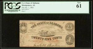 ALABAMA 1863 Montgomery Civil War 25c State Obsolete Banknote Currency, PCGS 61 - Picture 1 of 5