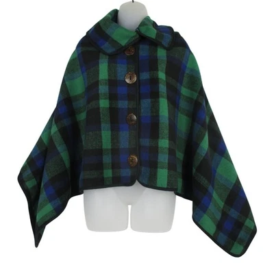 FASHIONS BY MIRABEAU Poncho Green Blue Plaid Button Cape CAPELET O/S - Image 1 of 4