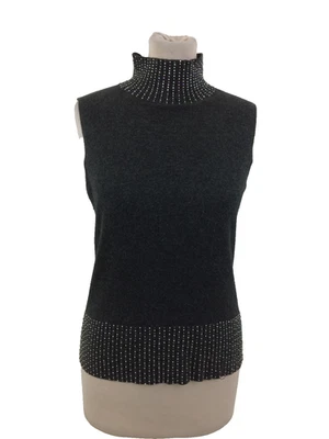 Marella Women's Tank Top Size M Charcoal Knit Bead Embellish High Neck Used F1 - Image 1 of 4
