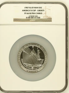Isla de Man 1987 S5C plata 5 oz Copa América - Liberty NGC PF66UC de colección 200 - Imagen 1 de 4