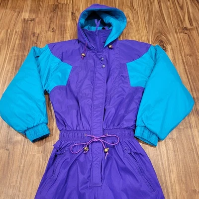 Vintage Ski Suit One Piece Snowsuit  RA Sports Jumpsuit 80s L Purple/Aqua Blue - Image 1 of 4