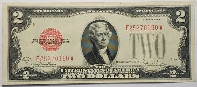 Bonito billete de $2,00 muy nítido 1928 sello rojo con serie # E25270190A Foto 1 de 2