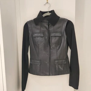 Elie Tahari Women's Black Genuine Leather Jacket with Knit Sleeves Size XS - Picture 1 of 14