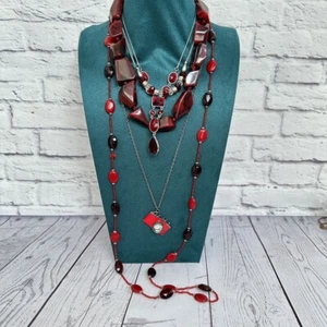 5 Necklace Red Bundle Job Lot Chunky Beads Silver Tone Chain Layering Statement - Picture 1 of 7