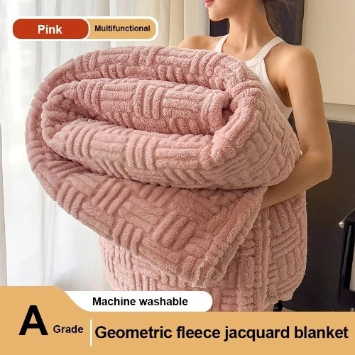Coral Fleece Jacquard Warm Bed Geometric Pattern Soft Plush Sofa Throw Blanket - Image 1 of 4