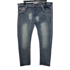 Monarchy Jeans Straight Leg 42 x 31 Denim Heavy Stitch Embellished Distressed