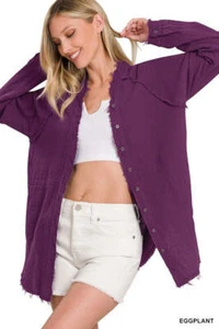 Zenana Cotton Gauze Collarless Raw Edge Button-Down Tunic Shirt in 5 Colors - Picture 1 of 12