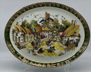 Weatherby Hanley England Falcon Ware plateau village pittoresque vert bordure dorée - Photo 1/10