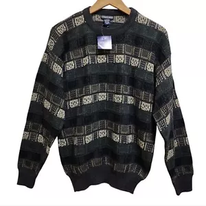 Jantzen Sweater Men M Green Beige Wool Blend Geometric Knit Crew Long Sleeve Vtg - Picture 1 of 8