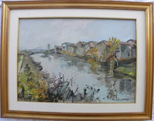 Giovanni da BUSNAGO (Busnago 1908 – Gaggiano 1972) Case sul fiume OLIO cm 50x70 - Picture 1 of 1