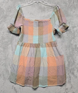 American Eagle Top Womens Sz Extra Large Pastel Plaid Smocked Peasant Boho - Picture 1 of 15