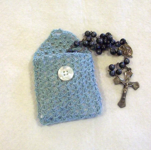 Crochet Light Blue with White Lining Buttoned Rosary Jewelry Pouch - Picture 1 of 4
