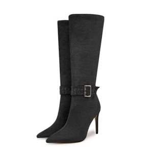 Womens Fashion Faux Suede Pointy Toe Zipper High Heel Knee High Boots Shoes - Picture 1 of 16