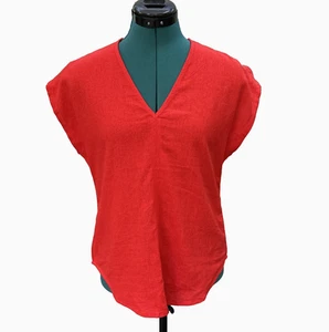 NWT DKNY Women's Seamed-Front V-Neck Curved-Hem Linen Top Sz Small Flame Red - Picture 1 of 9