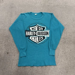 Vintage 80s Harley Davidson Thermal Henley Shirt Men’s Blue - Picture 1 of 6