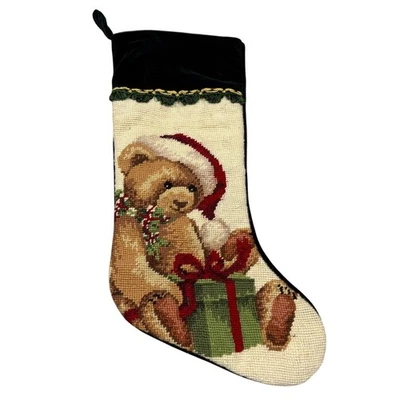 Meia de Natal urso algodão lã urso Needlepoint - Imagem 1 de 4