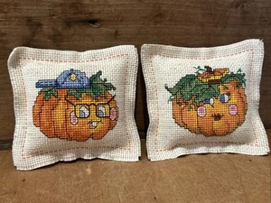 2 Vintage Completed Cross Stitch Pillows Bowl Fillers Pumpkin Jack-O-Lanterns - Picture 1 of 3