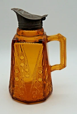 ANTIGUA JARRA DE JARABE DE VIDRIO ÁMBAR GRANDE CON TAPA ORIGINAL Foto 1 de 4