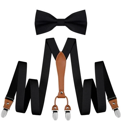 Black Suspenders for Men Wedding Elastic Y Back Style Suspenders and Bow Tie ... - Image 1 of 4