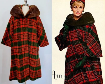 Documented 1960s LILLI ANN Red & Green Mohair Mink Fur Holiday Coat S M L - Image 1 of 4