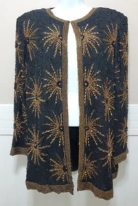 Vtg STENAY PLUS Black & Gold Beaded Cardigan Jacket Embroidered Blouse Shirt Top - Picture 1 of 23