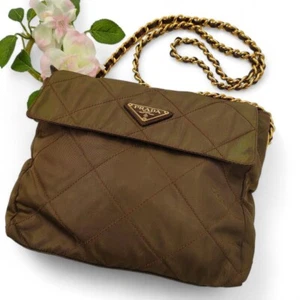 Prada Chain Shoulder Bag Nylon Khaki Quilted Triangle Logo Women's From Japan - Bild 1 von 7