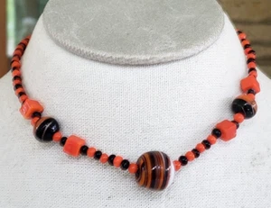 Vintage Orange & Schwarz Achat mit Aventurin Glasperlen Halsband Halskette 15,5" - Bild 1 von 6