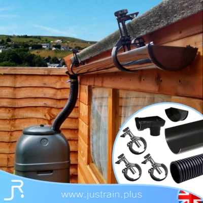 JUSTRAIN.PLUS Complete Small Mini Shed Guttering Kit inc. Bracket Clamp & Flexible Downpipe