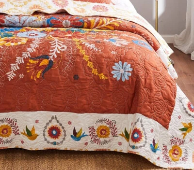 ORANGE BOHO 3pc Queen QUILT SET : REVERSIBLE RETRO RUST TOPANGA FLORAL BIRDS - Image 1 of 4