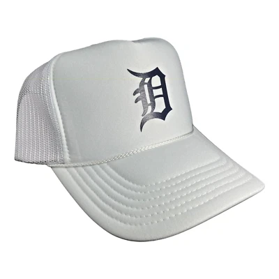 全新 DETROIT TIGERS 白色蓝色帽子 5 面板 高冠卡车司机 SNAPBACK TRENDY — 第 1/3 张图片