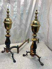 Vintage Fireplace Andirons Solid Brass & Wrought Iron Gold Finish 22" X 18"