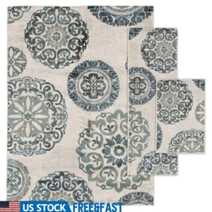 Teal Medallion 3 Pcs Indoor Area Rug Set Stain Fade Resistant Soft Low Pile US - Picture 1 of 13