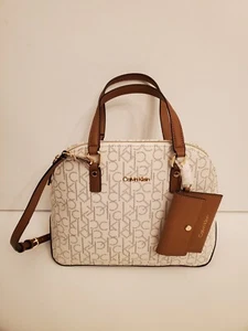 Calvin Klein Women's Medium Round Satchel Handbag CK Logo Pouch Almond Khaki Gld - Picture 1 of 14