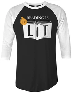 Lesen ist beleuchtet Unisex Raglan T-Shirt Buchliebhaber Leser Lehrer Geschenk - Bild 1 von 4