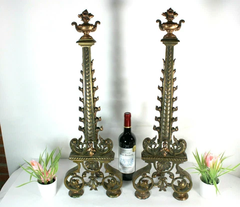XL 27.5" Antique French bronze fireplace andirons Dragon gothic heads obelisk Cover