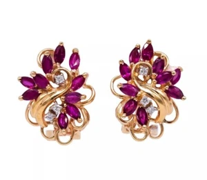 14k yellow gold jewelry 0.82CT diamond & ruby flower stud earrings - Picture 1 of 6