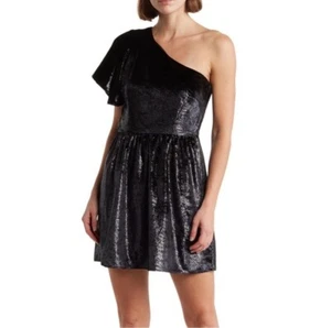 7 Of All Mankind One Shoulder Kleid Schwarz Metallic Velour Gr. L Neu - Bild 1 von 8