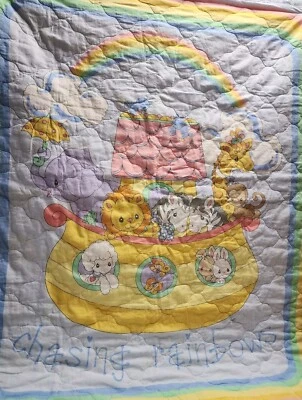 Precious Moments Baby Blanket Chasing Rainbows Quilt Noahs Ark Theme Handmade - Image 1 of 4