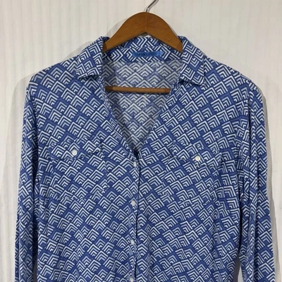 Camisa J Mclaughlin Mezcla de Lino Mujer Grande Abotonada Azul Top Geométrico A-25 Foto 1 de 4