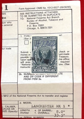 $200 NFA Tax Stamp US Tax Revenue Stamp Dated Jan 02 1997 - Image 1 of 2