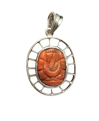 Argento Sterling 925 Ciondolo Con Ganesh Intagliato Naturale Italy Corallo Gemma - Immagine 1 di 4