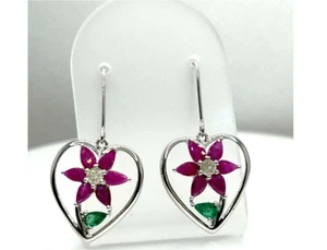 3.76ct Ruby, Emerald & Diamond Earrings in 18K White Gold - Picture 1 of 10