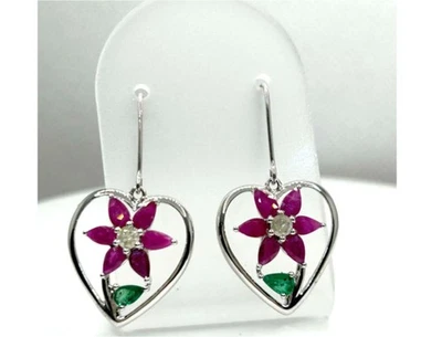 3.76ct Ruby, Emerald & Diamond Earrings in 18K White Gold - Image 1 of 4