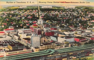 TEXARKANA AR TX SKYLINE MOSTRANDO TRENES EN UNION DEPOT 1947 POSTAL DE LINO 100425 - Imagen 1 de 2