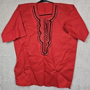Dashiki Mens Top African Linen Multicolor Embroidered Red Black EUC - Picture 1 of 17