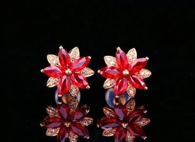 1.15ct Natural Ruby Floral Stud Earrings, 18K Gold with Diamonds, Dainty - Image 1 of 4