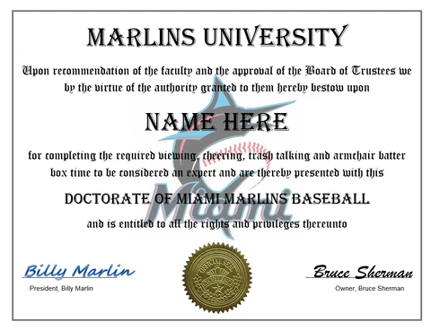 MIAMI MARLINS PERSONALIZED FAN DIPLOMA, GREAT GIFT MLB BASEBALL Cover