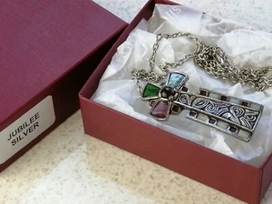 Vintage Silver Tone Scottish Celtic Cross Pendant Chain Gem Stone Anglo Saxon - Picture 1 of 8