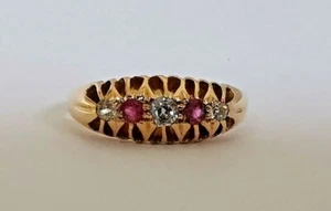 18ct 750 yellow GOLD RUBY & DIAMOND FIVE-STONE RING red sparkly gemstones 2.9g - Picture 1 of 12
